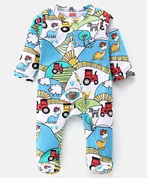Babyhug Cotton Knit Full Sleeves Footed Sleep Suit With Tractor & Dino Print - White & Blue