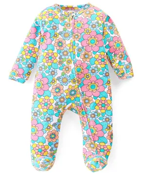 Babyhug Interlock Cotton Knit Full Sleeves Floral Print Sleep Suit- Multicolour