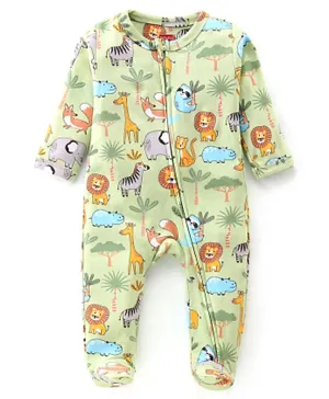 Babyhug Cotton Knit Full Sleeves Footed Sleep Suit With Animals Print - Green