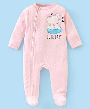 Babyhug Cotton Interlock Knit Footed Sleepsuit Elephant Print - Pink