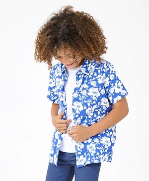 Primo Gino 100% Viscose Half Sleeves Floral Print Resort Fit Collar Shirt - Blue