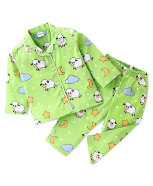 Babyhug Cotton Woven Full Sleeves Night Suit Sheep Print - Green