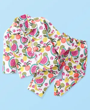 Babyhug Woven Full Sleeves Night Suit Fruits Printed - White & Pink