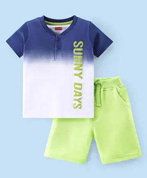 Babyhug Cotton Knit Half Sleeves T-Shirt & Shorts  With Text Print - Green & White