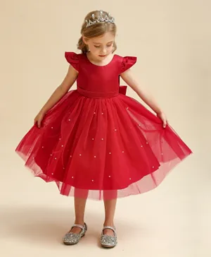 فستان كووكي كيدز المزيّن بالتول - أحمر