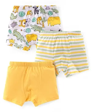 Babyhug 100% Cotton Knit Solid Stripe & Animal Print Briefs Pack of 3- White & Yellow