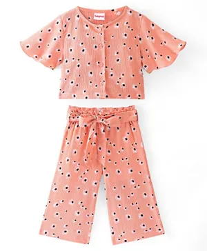 Babyhug 100% Cotton Knit Half Sleeve Top & Culottes Floral Print - Peach