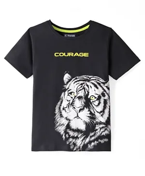 Pine Kids Cotton Knit Half Sleeves T-Shirt Tiger & Text Print- Jet Black