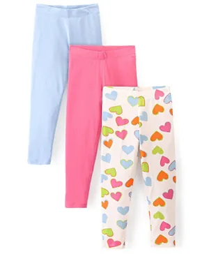Primo Gino Cotton Blend Full Length Leggings Heart Printed Pack of 3 - Pink Ivory & Blue
