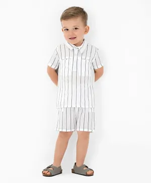 Bonfino Cotton Striped Henry Placket Shirt & Shorts Set - White
