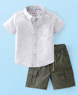 بيبي هاغ - طقم قميص بأكمام نصفية وشورت قطن 100% بنقوش ورق - رمادي وأخضر