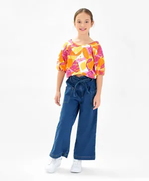 Ollington St. 100% Cotton Half Sleeve Top & Culottes With Tropical Print - Multicolor