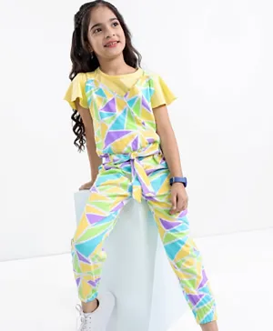 Ollington St. 100% Cotton Knit Abstract Printed Dungaree with Short Sleeves Top - Multicolor