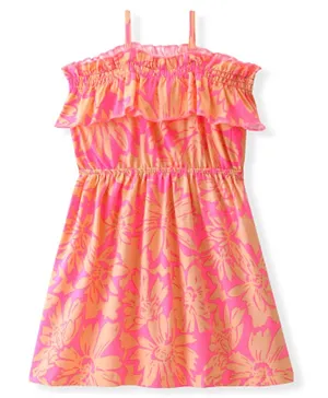 Pine Kids 100% Cotton Knit Sleevless Singlet Frock with Floral Print - Neon Pink
