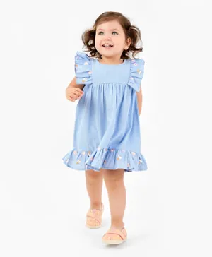 Bonfino Cotton Blend Frill Sleeves Floral Embroidered Frock with Frill Detailing - Blue