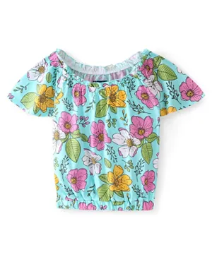 Pine Kids Cotton Knit Half Sleeves Limpet Shell Top Floral Print - Turquoise Blue