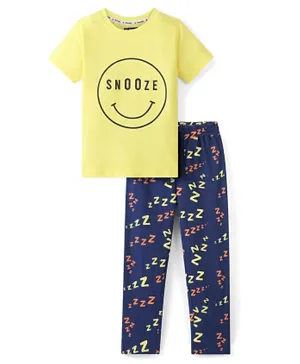 Pine Kids 100% Cotton Single Jersey Knit Half Sleeves Night Suit Emoji Print - Lemon Verbena & Estate Blue