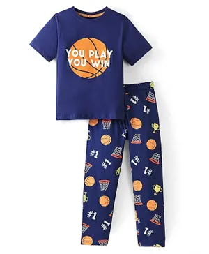 Pine Kids Cotton Half Sleeves Night Suit With Basket Ball Print - Navy Blue