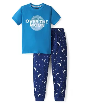 Pine Kids 100% Cotton Single Jersey Knit Half Sleeves Night Suit Star Print - Blue
