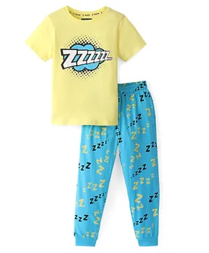 Pine Kids Single Jersey Half Sleeves Night Suit Text Print - Lemon Verbena & Bachelor Button