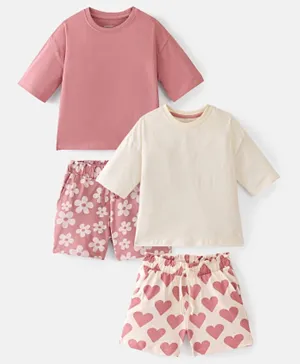 Primo Gino 2 Pack Flowers & Hearts Printed Shorts Set - Pink & Off White
