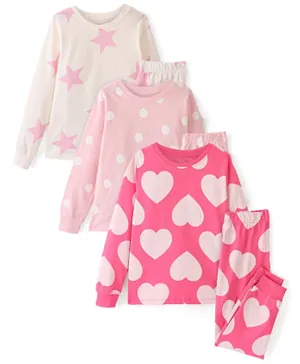 Primo Gino 100% Cotton Knit Full Sleeves Heart Dot & Star Print Night Suit Pack of 3 - Pink & Ivory