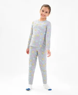 Primo Gino 100% Cotton Knit Full Sleeves Heart Print Night Suit - Grey
