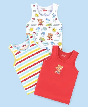 Babyhug 100% Cotton Single Jersey Knit Sleeveless Sando Stripes & Bear Print Pack Of 3 - Multicolor