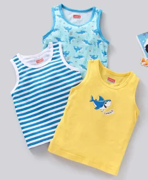 Babyhug 100% Cotton Sleeveless Sando Vests Stripes & Shark Print Pack of 3 - Multicolor