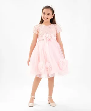 Kookie Kids Sequin Embellished & Flower Applique Party Dress - Pink