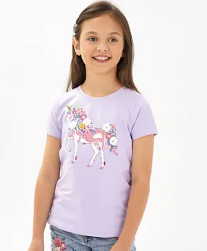 Primo Gino Cotton Blend Half  Sleeves T-Shirt Unicorn Print with Sequins  Beads & Glitter - Lavender