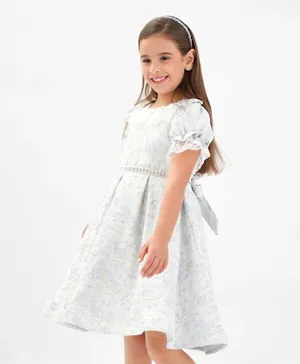 Kookie Kids Floral Textured Party Dress With Sling Bag & Headband - Grey
