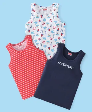Babyhug 100% Cotton Sleeveless Sando Striped & Sea Life Print Pack of 3 - Red Blue & White