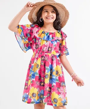 Hola Bonita Half Sleeves Georgette Dress Floral Print - Multicolor