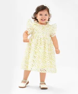 Bonfino Woven Frill Sleeves Fit and Flare Party Wear Dress Floral Embroidered -Yellow