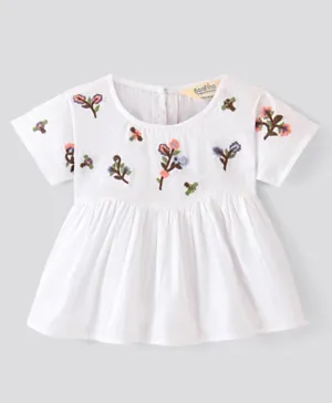 Bonfino 100% Cotton Woven Half Sleeves Floral Embroidered Top - White