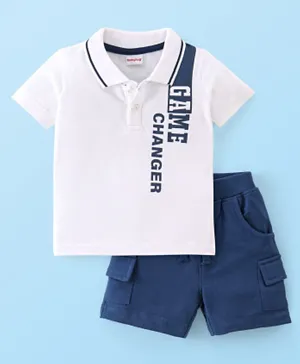 Babyhug Half Sleeves T-Shirt & Shorts Set Text Printed - White & Blue