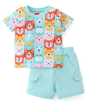 Babyhug 100% Cotton Knit Half Sleeves T-Shirt & Shorts With Lion Print - Blue