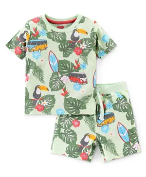 Babyhug Cotton Knit Half Sleeves T-Shirt & Shorts Set Tropical Toucan Print - Green