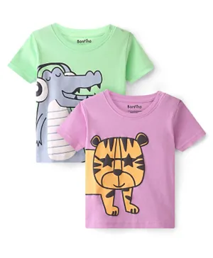 Bonfino 100% Cotton Half Sleeves Big Kitty & Croc Printed T-Shirts Pack of 2 - Lavender & Green