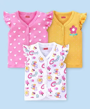 بيبي هاغ قميص صوف محبوك من القطن النقي بطبعة زهور وقلوب مع فتحة أمامية - عبوة من 3 قطع - متعدد الألوان