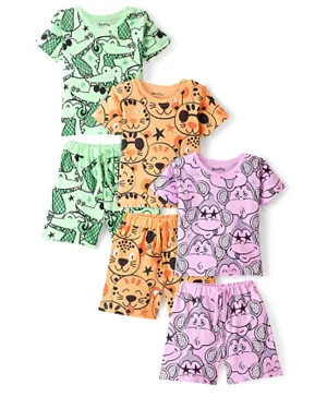Bonfino 100% Cotton 3 Pack Knit Half Sleeves Night Suit Monkey Print - Lavender/Green/Orange