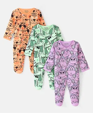 Bonfino 100% Cotton Knit Full Sleeves Sleep Suits with Animals Print Pack Of 3 - Orange Green & Purple