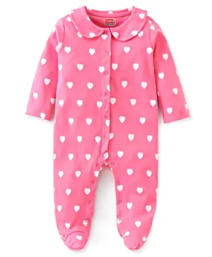 Babyhug Cotton Interlock Knit Full Sleeve Sleepsuit Heart Print - Pink