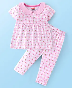 Babyhug Cotton Knit Half Sleeves Night Suit With Strawberry Print - Pink
