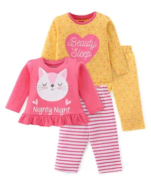 Babyhug Cotton Knit Full Sleeves Kitty & Heart Print Night Suit Pack of 2 - Pink & Yellow