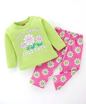 Babyhug Cotton Knit Full Sleeves Night Suit With Floral Print - Green & Pink