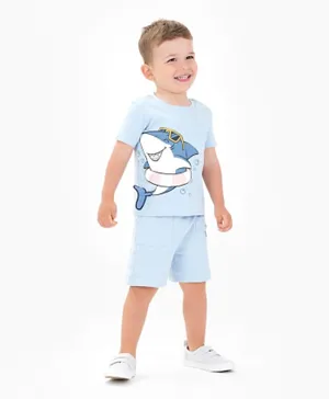 Bonfino 100% Cotton Knit Half Sleeves T-Shirt And Shorts Sets With Shark Print - Light Blue