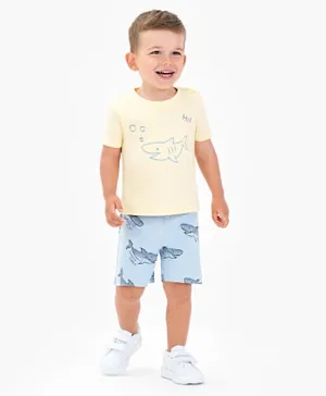Bonfino 100% Cotton Knit Half Sleeves T-Shirt And Shorts Sets With Shark Embroidery - Yellow Blue