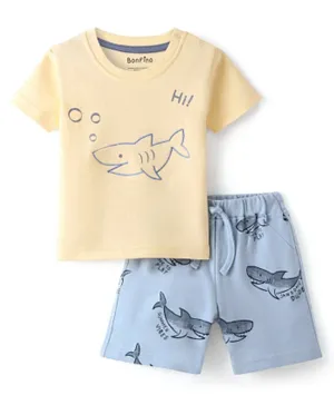 Bonfino 100% Cotton Knit Half Sleeves T-Shirt And Shorts Sets With Shark Embroidery - Yellow Blue